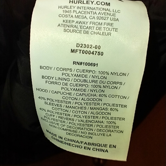 Hurley Full Zip Long Sleeve Hooded Jacket Coat Men's sz XXL. - Picture 5 of 9